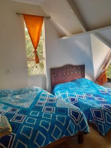 1 Schlafzimmer mit 2 Betten und einem Fenster in der Unterkunft Posada Rincon Campirano in Zacatlán