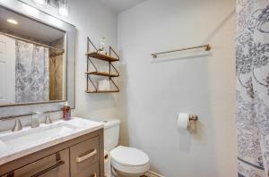 ein Badezimmer mit Toilette, Waschbecken und Spiegel in der Unterkunft Backyard, Deck and Fire Pit Conroe Getaway in Conroe + 23 Fotos