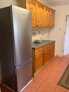 einen Kühlschrank aus Edelstahl in einer Küche mit Holzschränken in der Unterkunft 4 Bedroom Holiday House in lenton in Nottingham