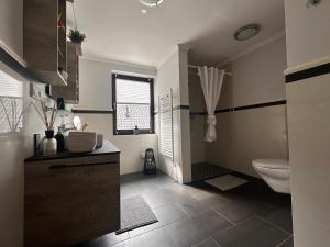 a bathroom with a sink and a toilet in it at Ferienwohnungen Rurseeblick in Einruhr +107 photos