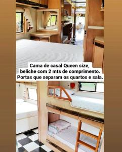a camper with two bunk beds and a checkered floor at Experiência num Luxuoso Motorhome in São Roque