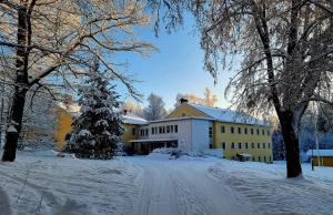 a building with a christmas tree in the snow at EnjoyNature B&B in Lahti