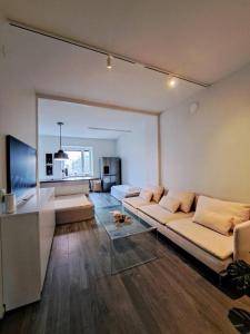 uma sala de estar com um sofá e uma cozinha em Renovated 64m2 apartment em Helsínquia