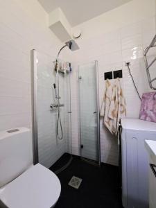 uma casa de banho branca com um chuveiro e um WC. em Renovated 64m2 apartment em Helsínquia