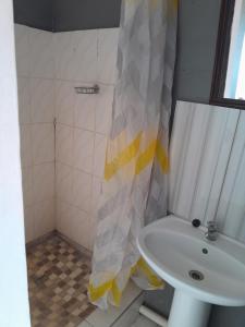a bathroom with a sink and a shower curtain at Letz Guest Lodge in Tolwe