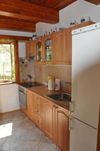 een keuken met houten kasten en een witte koelkast bij Chata U Selské rokle in Doksy