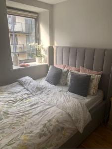 a bed with pillows and a window in a bedroom at Oasis in heart of Dublin city in Dublin