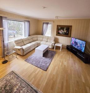 a living room with a couch and a tv at Rauma Room's House 9 200m2 in Rauma