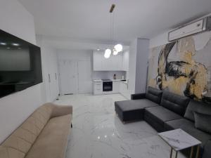 a living room with a couch and a kitchen at APARTAMENT JEDLINKA a in Jedlina-Zdrój