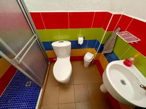 a colorful bathroom with a toilet and a sink at Hostal Tralala Salento in Salento +57 photos