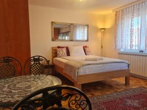 una camera con letto, specchio e sedia di BUDZAK Sarajevo a Sarajevo