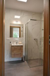 uma casa de banho com uma cabina de duche em vidro e um lavatório. em Dobranocka Noclegi - blisko Energylandia em Spytkowice