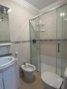a bathroom with a shower and a toilet and a sink at Apartamento Boiro centro in Boiro