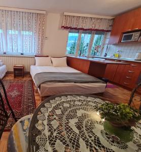 una camera con letto e una cucina con finestre di BUDZAK Sarajevo a Sarajevo