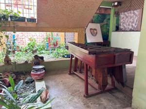 un piano de madera sentado en una habitación junto a un jardín en Hotel El Delfin en Lívingston
