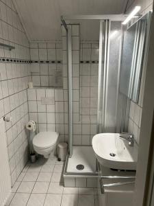 a small bathroom with a toilet and a sink at Idyllische Ferienwohnung in Wiefelstede in Wiefelstede