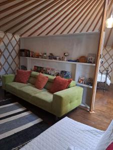 salon z zieloną kanapą i czerwonymi poduszkami w obiekcie The Snowdrop w Galway