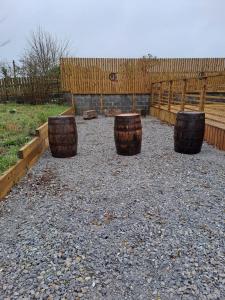 un grupo de barriles sentados en el suelo en un patio en The Snowdrop, en Galway