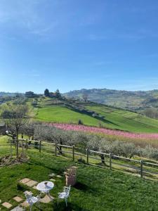 a table and chairs in a field with pink flowers at Poderino - a place to feel in Cento