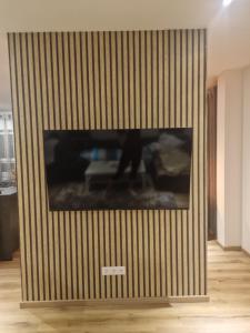 a large screen tv on a wall in a living room at Ferienwohnung Engel in Grebenstein