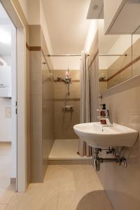 ein Bad mit einem Waschbecken und einer Dusche in der Unterkunft Zentral und ruhig bei Schönbrunn in Wien