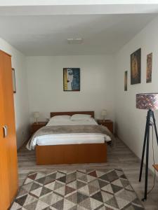 a bedroom with a bed and a lamp and a tripod at Crystal in Suceava