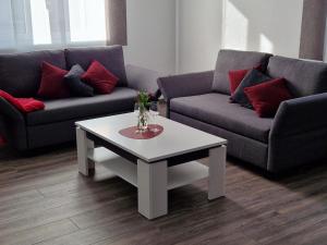 a living room with two couches and a coffee table at Haus Ludwig in Freudenstadt
