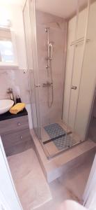 baño con ducha y puerta de cristal en Holdfény Apartman en Balatongyörök