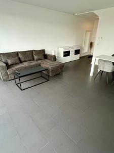 ein Wohnzimmer mit einem Sofa und einem Tisch in der Unterkunft Luxuswohnung direkt am Phönixsee in Dortmund