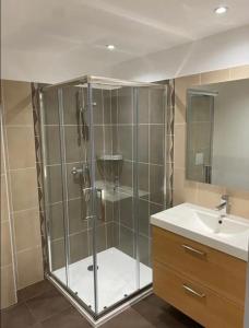 uma casa de banho com um chuveiro e um lavatório. em DOMAINE LOU BEL AZUR - Charmant em Saint-Laurent-du-Var