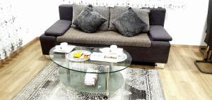 ein Wohnzimmer mit einem Sofa und einem Couchtisch aus Glas in der Unterkunft 3-Zimmer- Wohnung in Traun, nähe Linz und Wels in Linz
