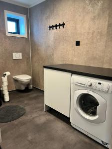 y baño con aseo y lavadora. en 3-roms leilighet, Svolvær, Lofoten, en Svolvær