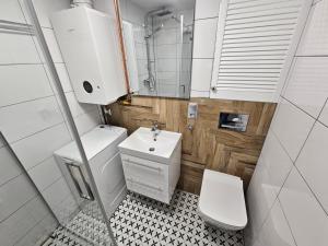 een kleine badkamer met een toilet en een wastafel bij MieszkanieSopot in Sopot