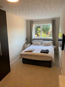 Schlafzimmer mit einem großen Bett und einem Fenster in der Unterkunft Adam Guest House in Leicester