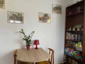 una mesa en una habitación con estantería en Apartament przy Parku Czartoryskich, en Puławy