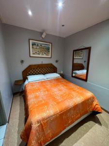 1 dormitorio con 1 cama grande y espejo en Hotel Casa del profesor Iquique, en Iquique