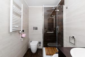 e bagno con doccia, servizi igienici e lavandino. di Porta Susa - Liberty Loft a Torino