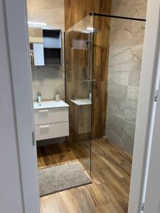 a bathroom with a shower and a sink at Apartament nad Iławką MIRANDA centrum in Iława