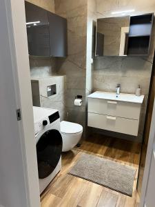 a small bathroom with a toilet and a sink at Apartament nad Iławką MIRANDA centrum in Iława