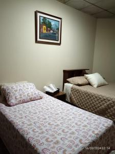 Antigua Sweet Apartment في أنتيغوا غواتيمالا: غرفة نوم بسريرين وصورة على الحائط