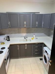 a kitchen with a sink and a washing machine at Happiness Place in King Abdullah Economic City