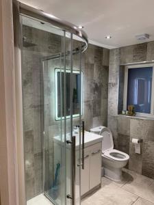 e bagno con servizi igienici e doccia in vetro. di Adam Guest House a Leicester