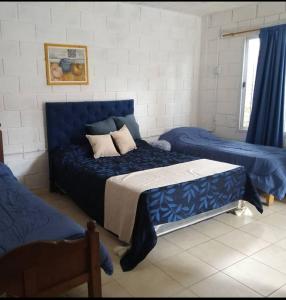 a bedroom with a bed and a blue bedspread at El secreto de la vida in Villa de Soto