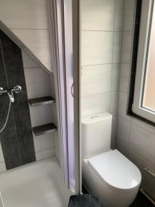 a small bathroom with a toilet and a shower at Ferienwohnung/Norden/4Personen in Norden