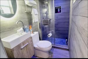 y baño con aseo, lavabo y ducha. en Central & Stylish Oasis Slps 2, en Fort Lauderdale