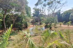 um lago no meio de uma floresta com árvores em COVEÑITAS MC1P2 Cabaña amplia y tranquila con Piscina tipo PLAYA, Máximo 32 Personas em Melgar