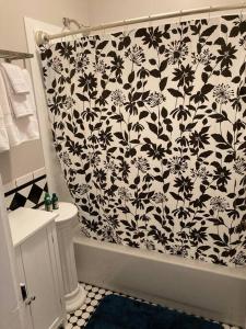 a bathroom with a black and white shower curtain at Serene Suite by Taconic Ridge, Catamount, Tanglewood, Berkshires in Hillsdale