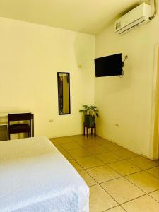 a bedroom with a bed and a tv on the wall at Los Vados Hotel in Managua