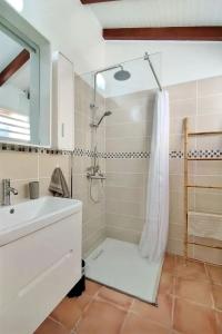 La salle de bains est pourvue d'une douche et d'un lavabo. dans l'établissement Ti Grounouy, au Diamant