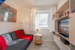 ein Wohnzimmer mit einem Sofa und einem TV in der Unterkunft Ferienanlage Seeblick Kunstquartier in Ostseebad Koserow